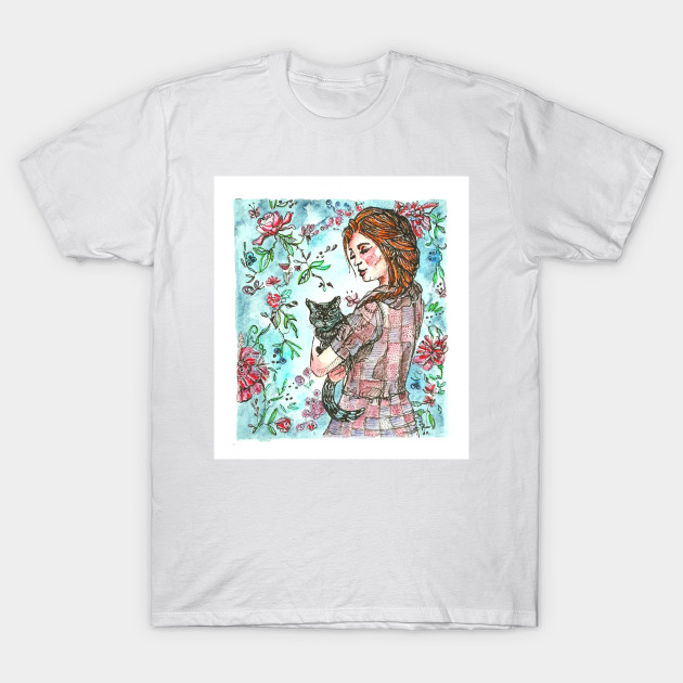 Vintage girl with black cat T-Shirt-TOZ